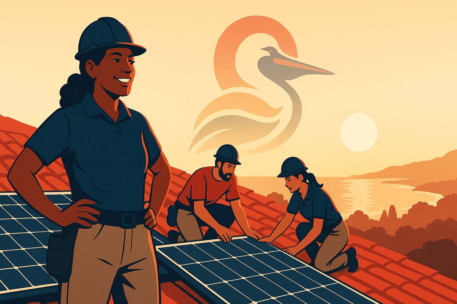 Pelican Construction & Energy team installing solar panels on a roof with a pelican flying overhead