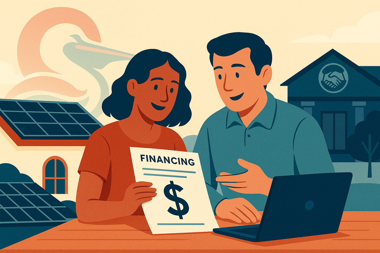 Couple discussing solar financing options with laptop and documents