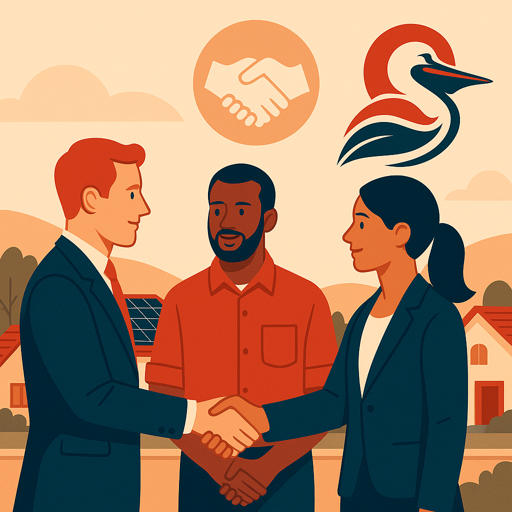 Business professionals shaking hands with Pelican logo, representing partnership and collaboration in the solar industry